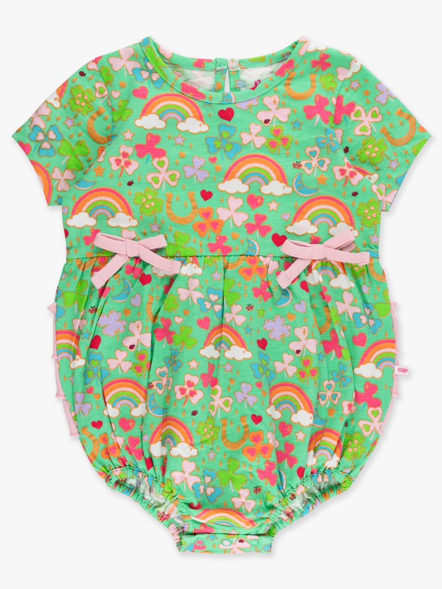 Line drawing of Green Lucky Day Knit Short Sleeve Bow Bubble Romper. A dotted circle indicates the approximate location for personalization.
