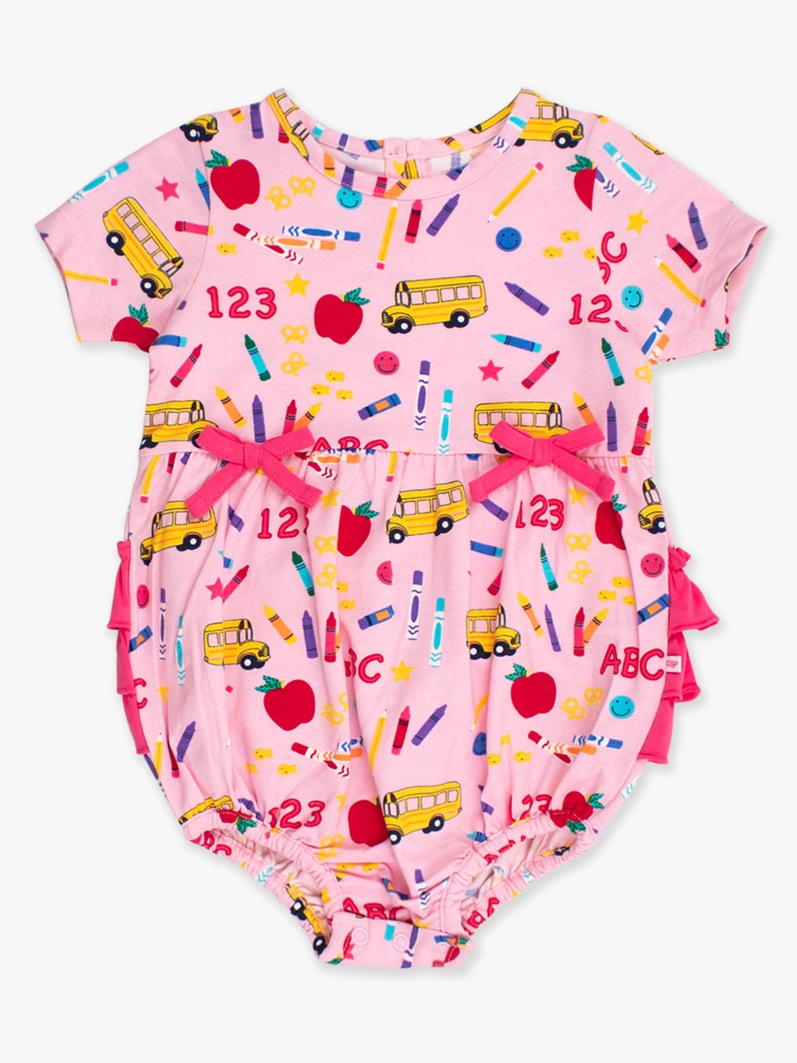 Pink School House Knit Short Sleeve Bow Bubble Romper