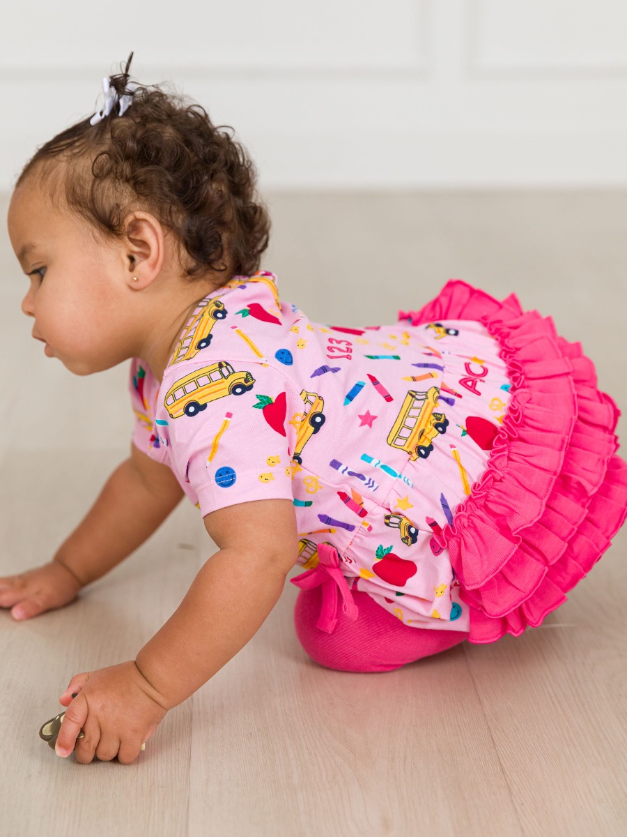 Pink School House Knit Short Sleeve Bow Bubble Romper