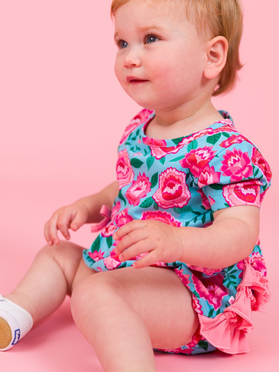 Bright Blossoms Knit Short Sleeve Bow Bubble Romper
