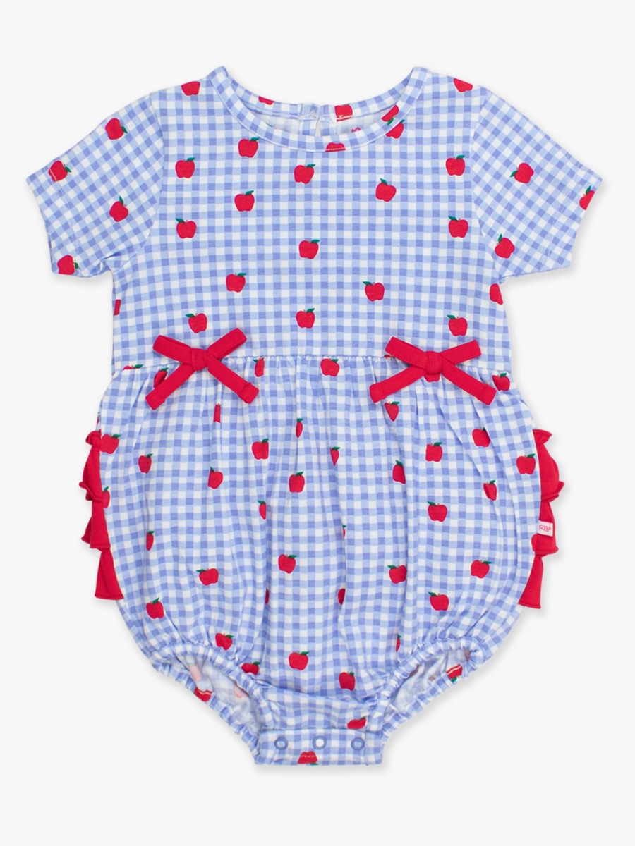 Apple Orchard Gingham Knit Short Sleeve Bow Bubble Romper