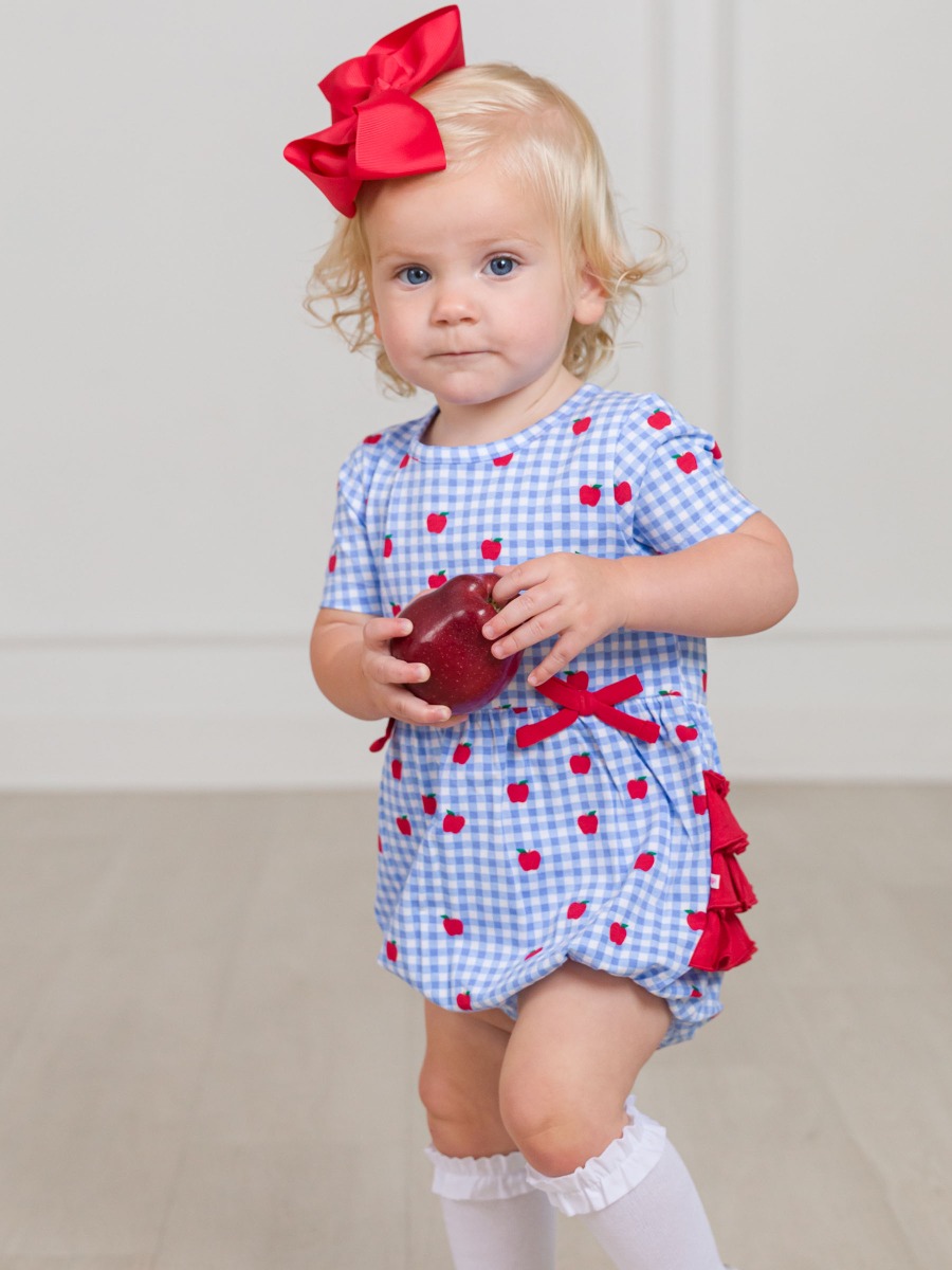 Apple Orchard Gingham Knit Short Sleeve Bow Bubble Romper