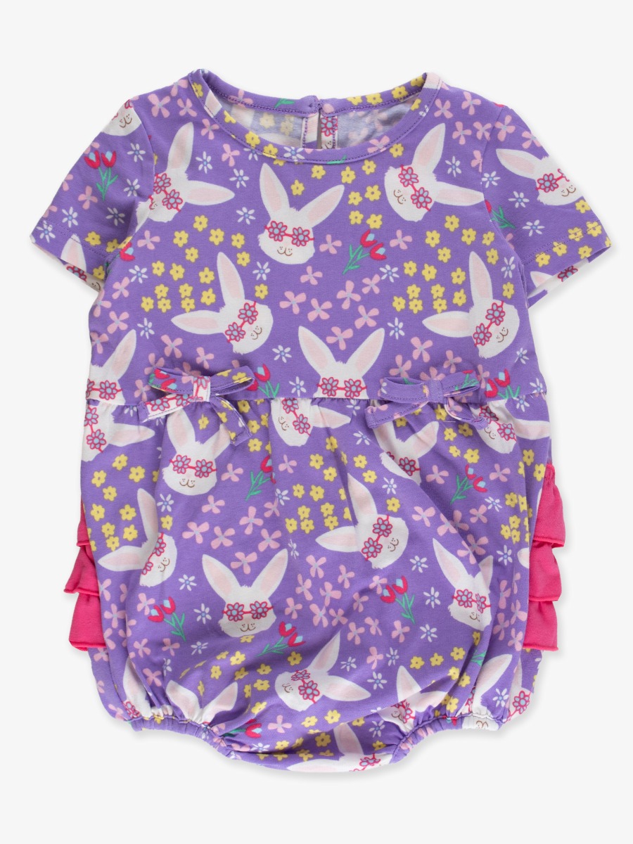 Line drawing of Purple Sunny Bunnies Knit Short Sleeve Bow Bubble Romper. A dotted circle indicates the approximate location for personalization.