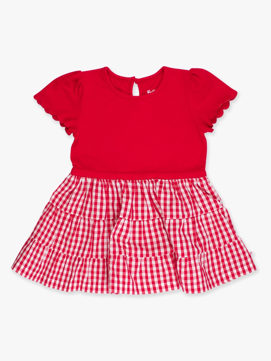 Classic Red Gingham Mixed Media Short Sleeve Tiered Dress
