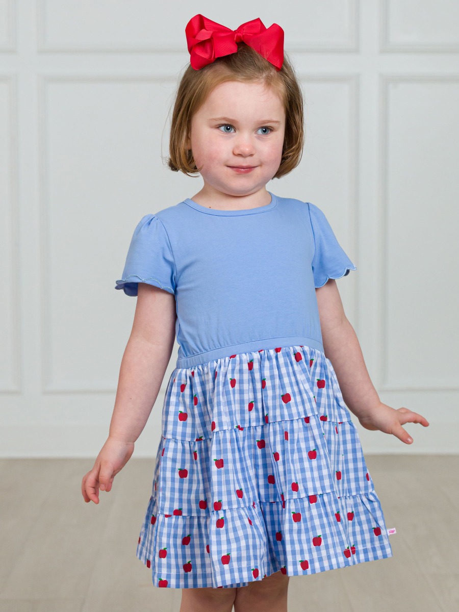 Apple Orchard Classic Gingham Mixed Media Short Sleeve Tiered Dress