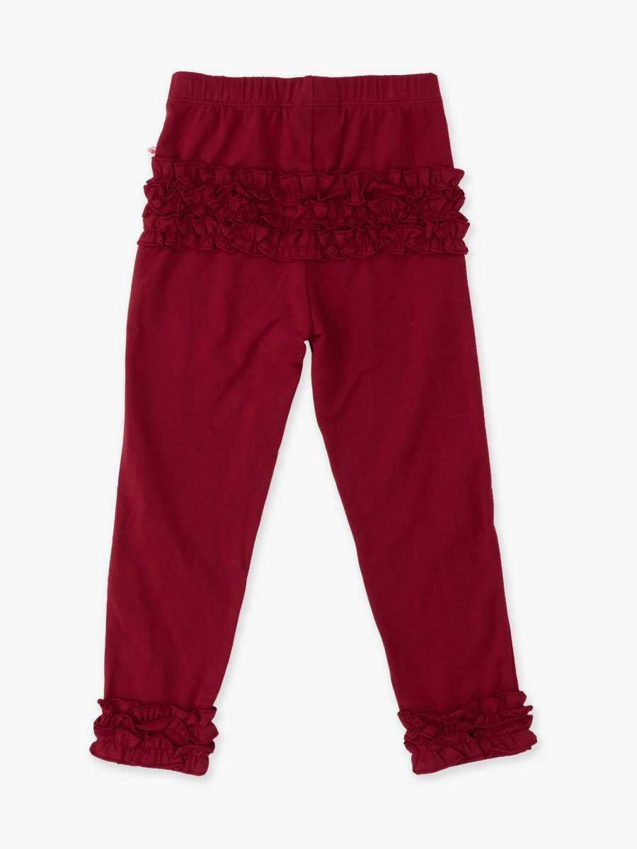 Line drawing of Dark Cherry Ruffle Leggings, with Signature Rear Ruffles. A dotted circle indicates the approximate location for personalization.