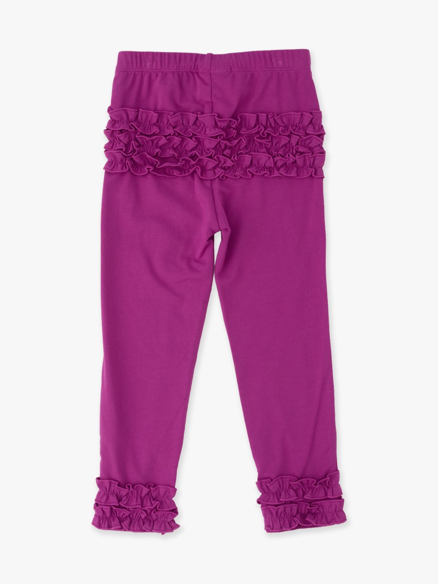 Line drawing of Plum Tart Ruffle Leggings, with Signature Rear Ruffles. A dotted circle indicates the approximate location for personalization.