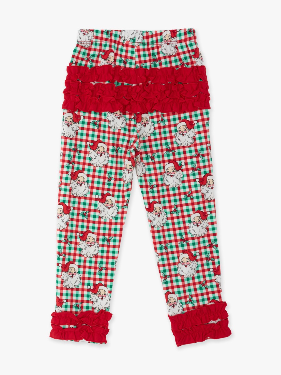 Line drawing of Red & Green Dear Santa Ruffle Leggings, with Signature Rear Ruffles. A dotted circle indicates the approximate location for personalization.