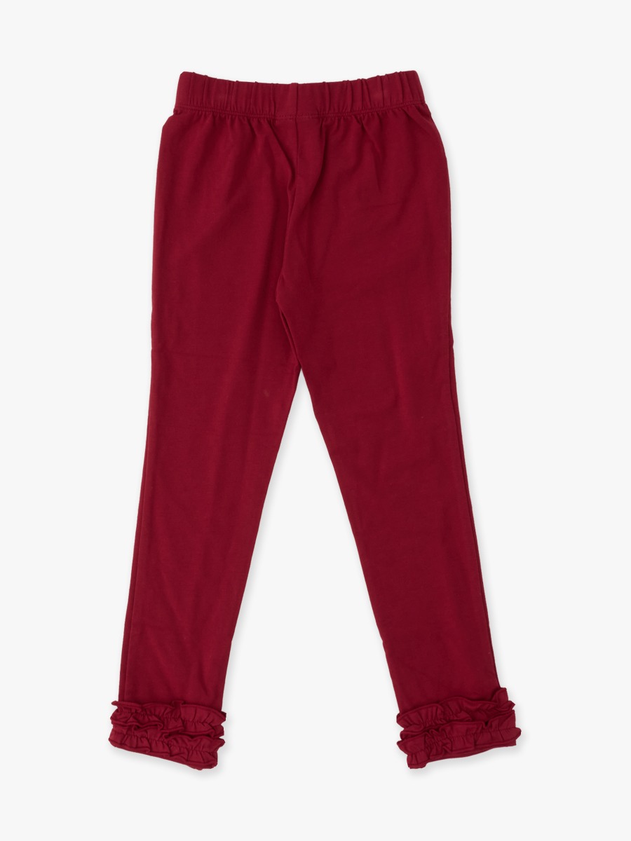 Line drawing of Dark Cherry Ruffle Leggings. A dotted circle indicates the approximate location for personalization.