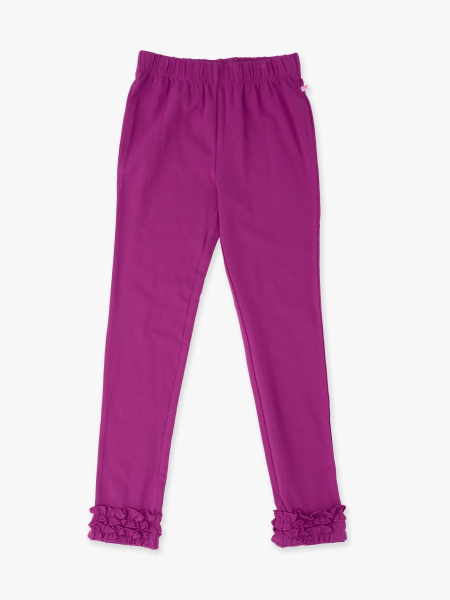 Line drawing of Plum Tart Ruffle Leggings. A dotted circle indicates the approximate location for personalization.