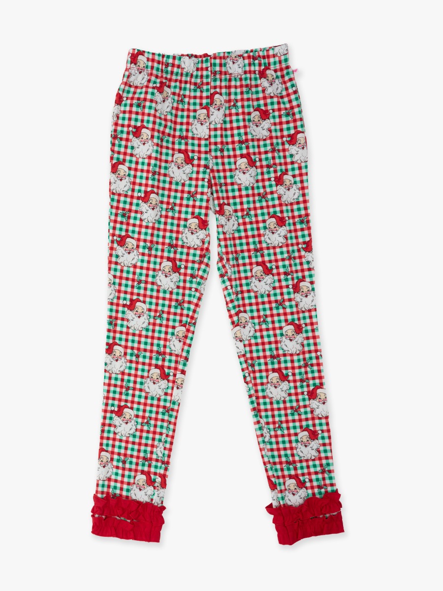 Line drawing of Red & Green Dear Santa Ruffle Leggings. A dotted circle indicates the approximate location for personalization.