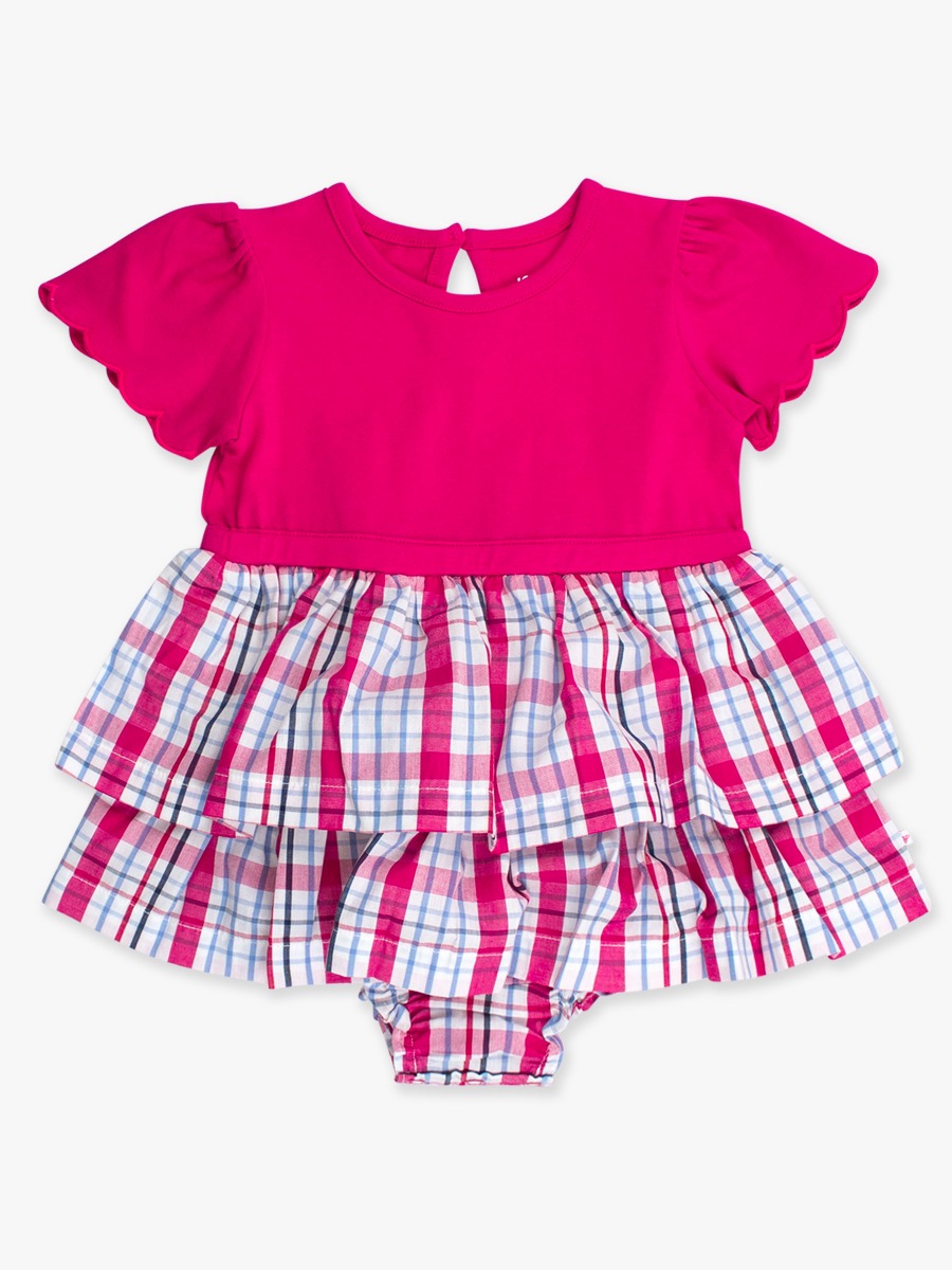 Adley Plaid Mixed Media Short Sleeve Skirted Romper