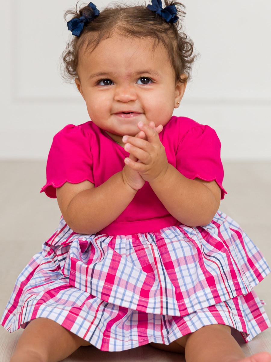 Adley Plaid Mixed Media Short Sleeve Skirted Romper