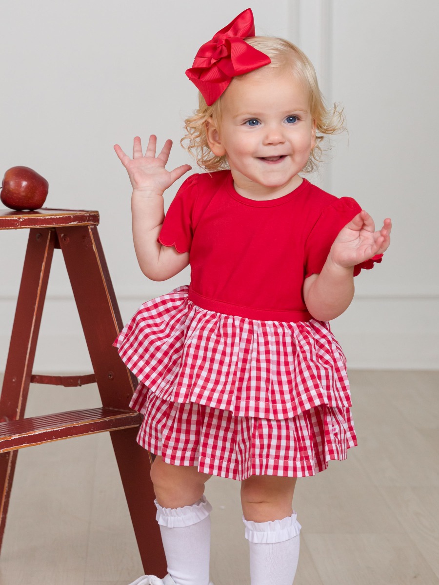 Classic Red Gingham Mixed Media Short Sleeve Skirted Romper