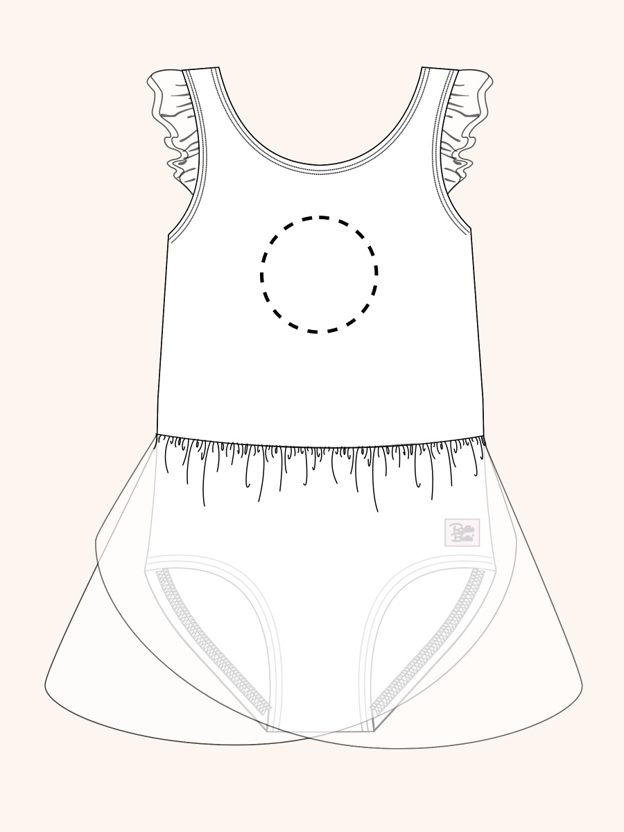 Line drawing of Rosy Ribbons Flutter Sleeve Leotard. A dotted circle indicates the approximate location for personalization.