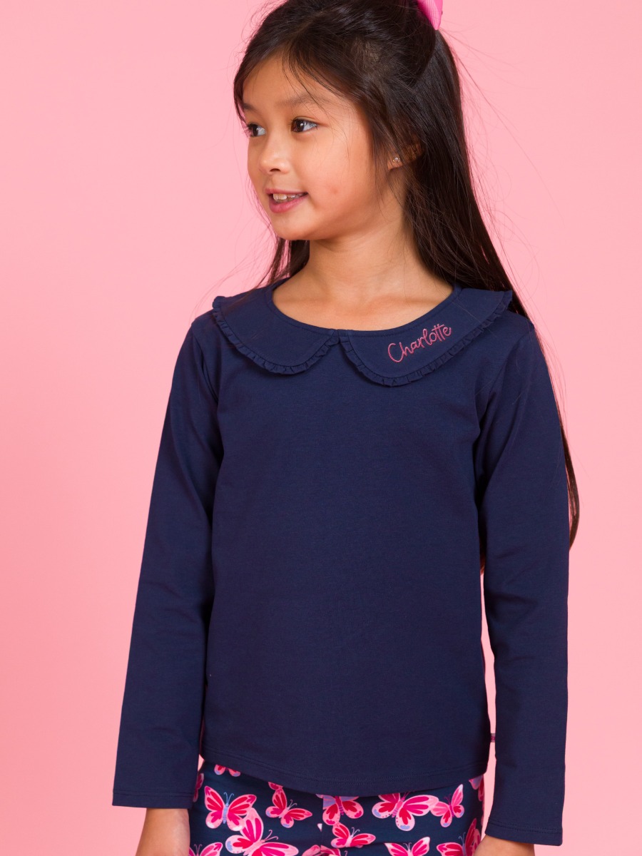 Dark Navy Knit Long Sleeve Ruffle Peter Pan Tee