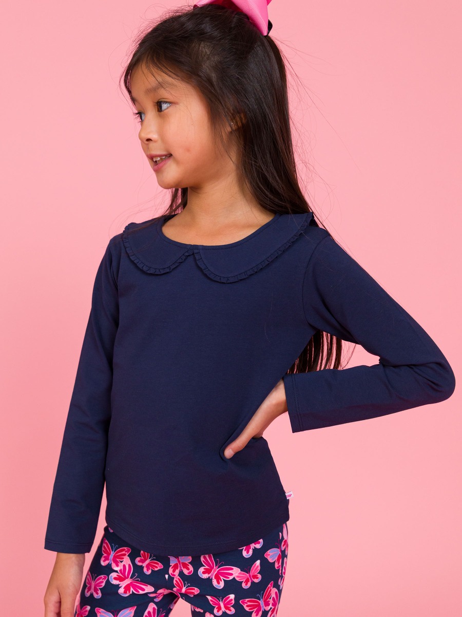Dark Navy Knit Long Sleeve Ruffle Peter Pan Tee