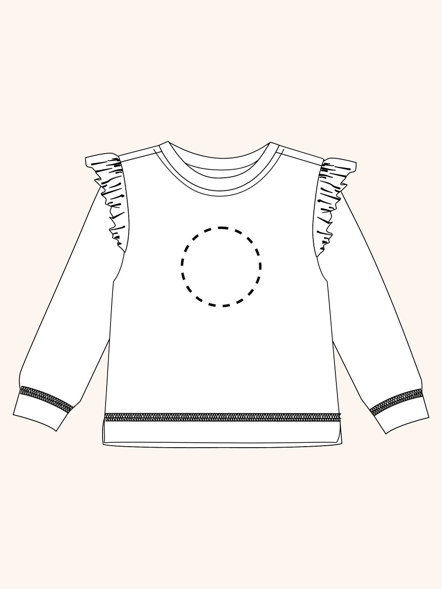 Line drawing of Emerald Green Flutter Sweatshirt. A dotted circle indicates the approximate location for personalization.