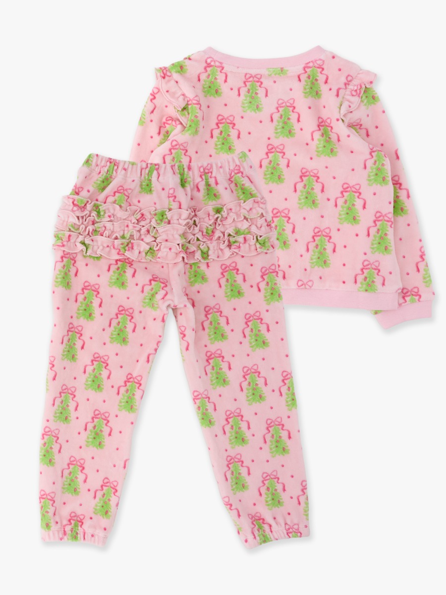 Line drawing of Pink Tree Party Velour Flutter Sweatshirt Jogger Set. A dotted circle indicates the approximate location for personalization.