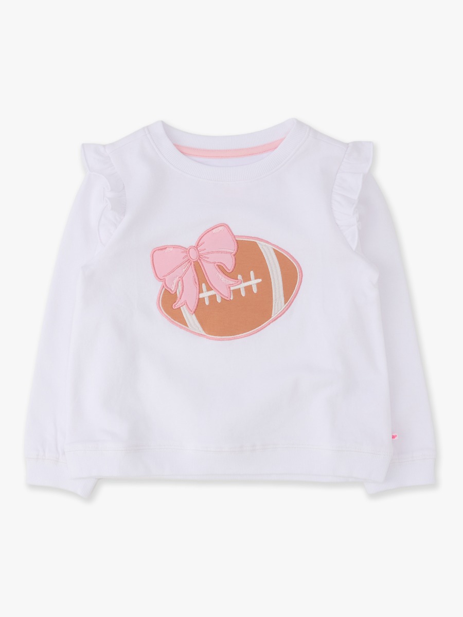 Line drawing of Football Bow White Applique Flutter Sweatshirt. A dotted circle indicates the approximate location for personalization.