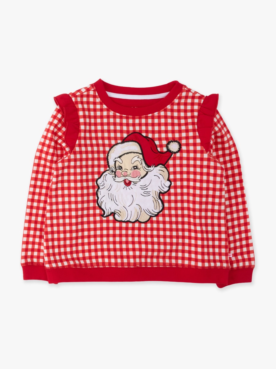 Line drawing of Dear Santa Red Gingham Applique Flutter Sweatshirt. A dotted circle indicates the approximate location for personalization.