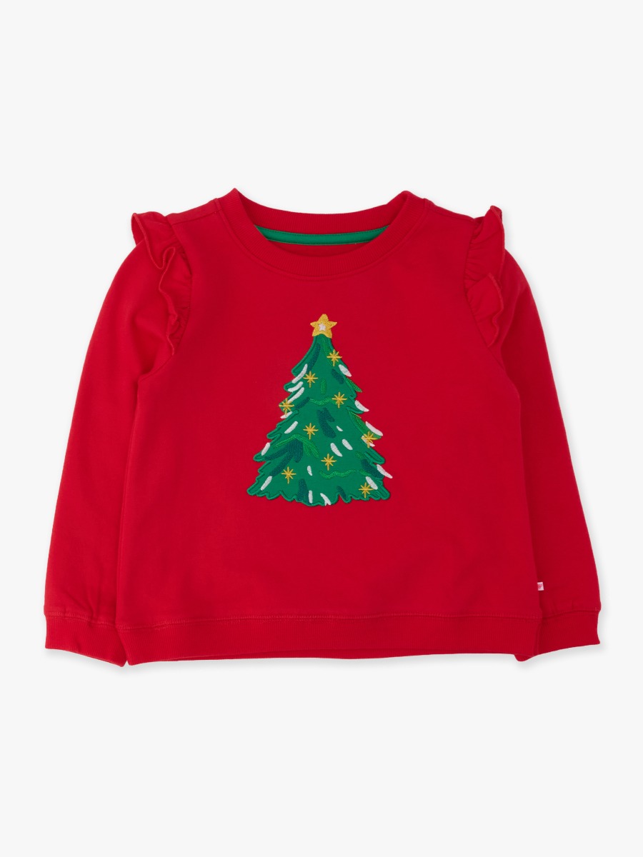Line drawing of Christmas Tree Red Applique Flutter Sweatshirt. A dotted circle indicates the approximate location for personalization.