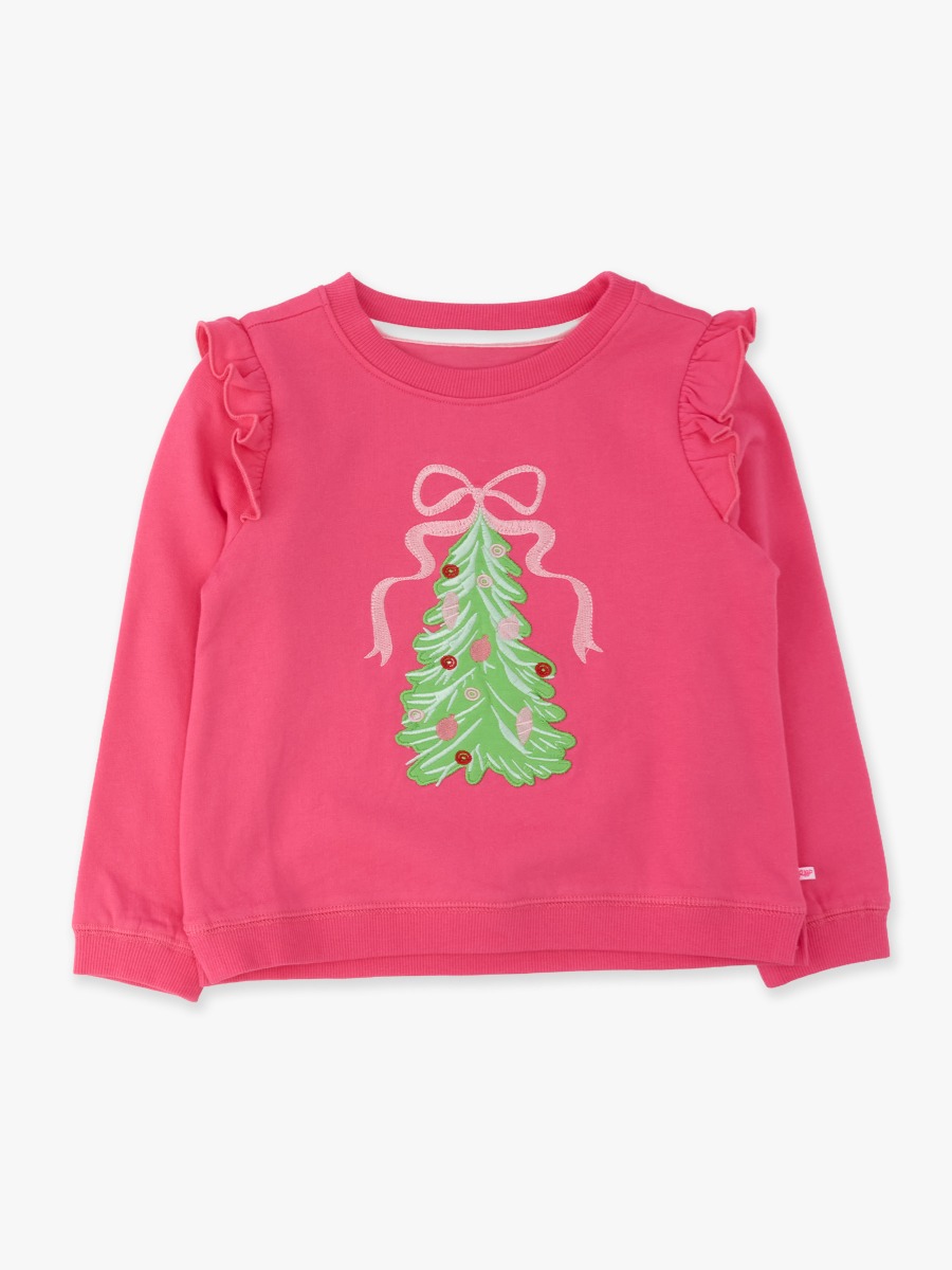 Line drawing of Christmas Tree Hot Pink Applique Flutter Sweatshirt. A dotted circle indicates the approximate location for personalization.