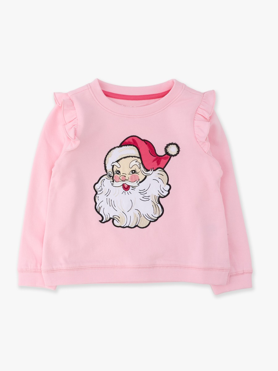 Line drawing of Santa Joy Pink Applique Flutter Sweatshirt. A dotted circle indicates the approximate location for personalization.