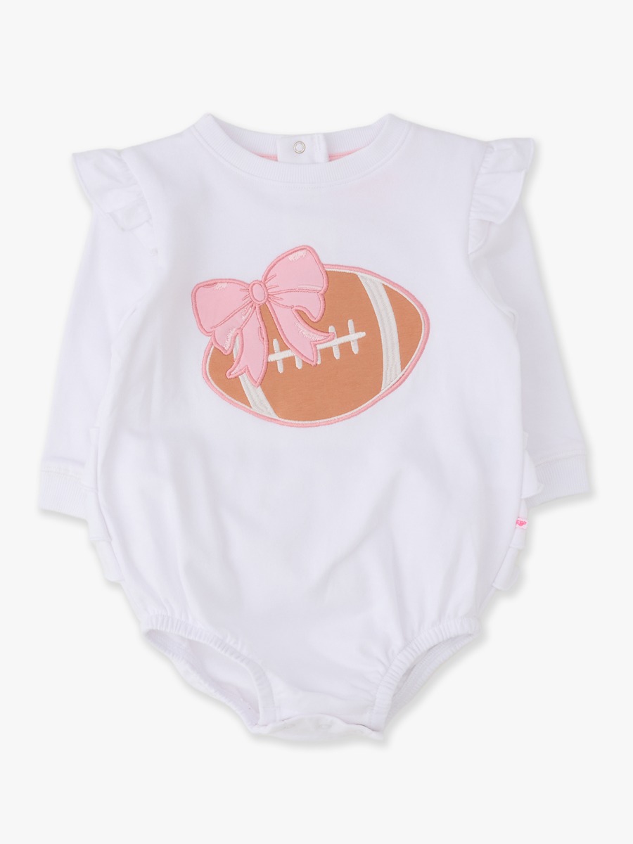 Line drawing of Football Bow White Applique Sweatshirt Bubble Romper. A dotted circle indicates the approximate location for personalization.