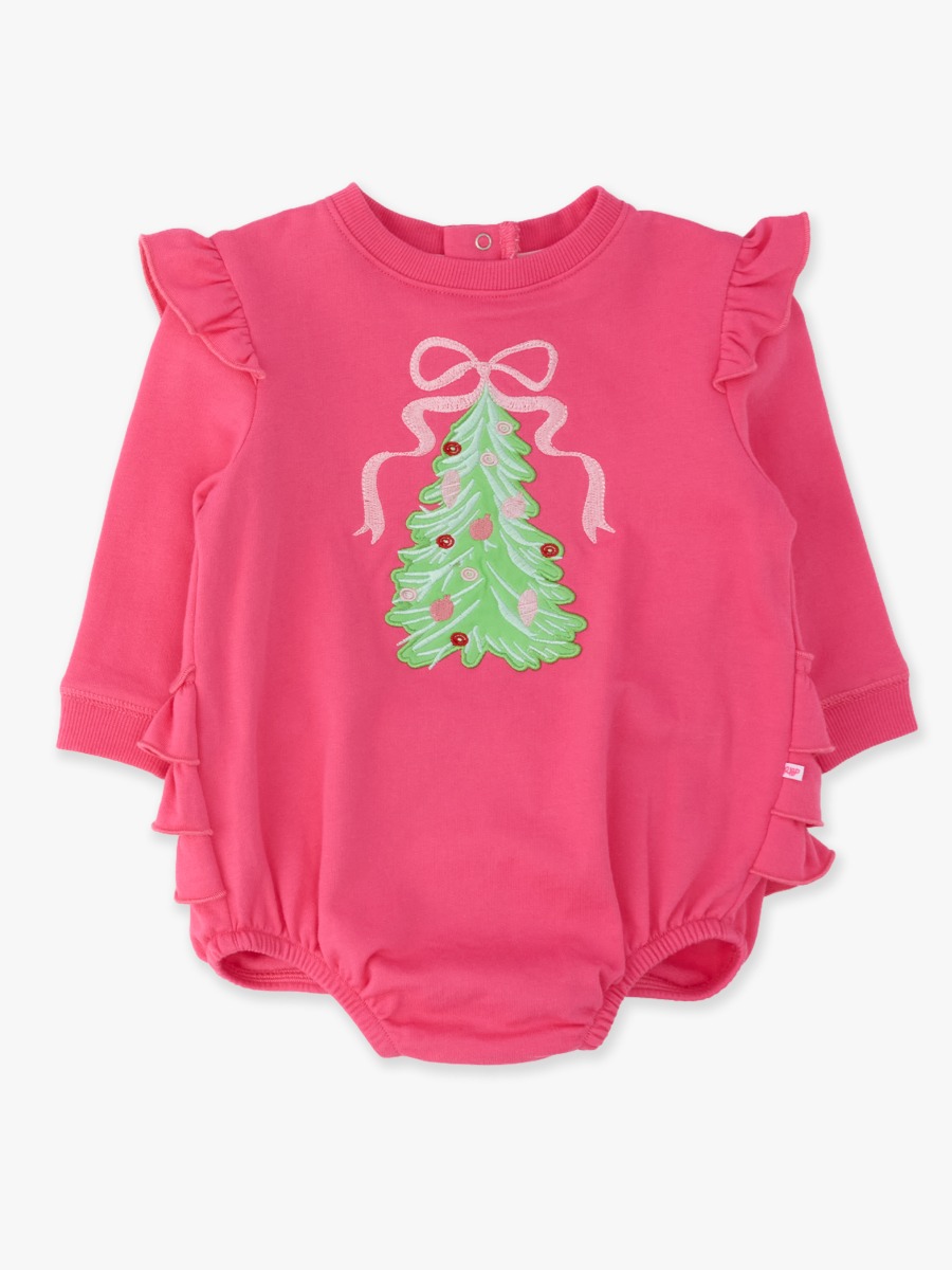 Line drawing of Christmas Tree Hot Pink Applique Sweatshirt Bubble Romper. A dotted circle indicates the approximate location for personalization.
