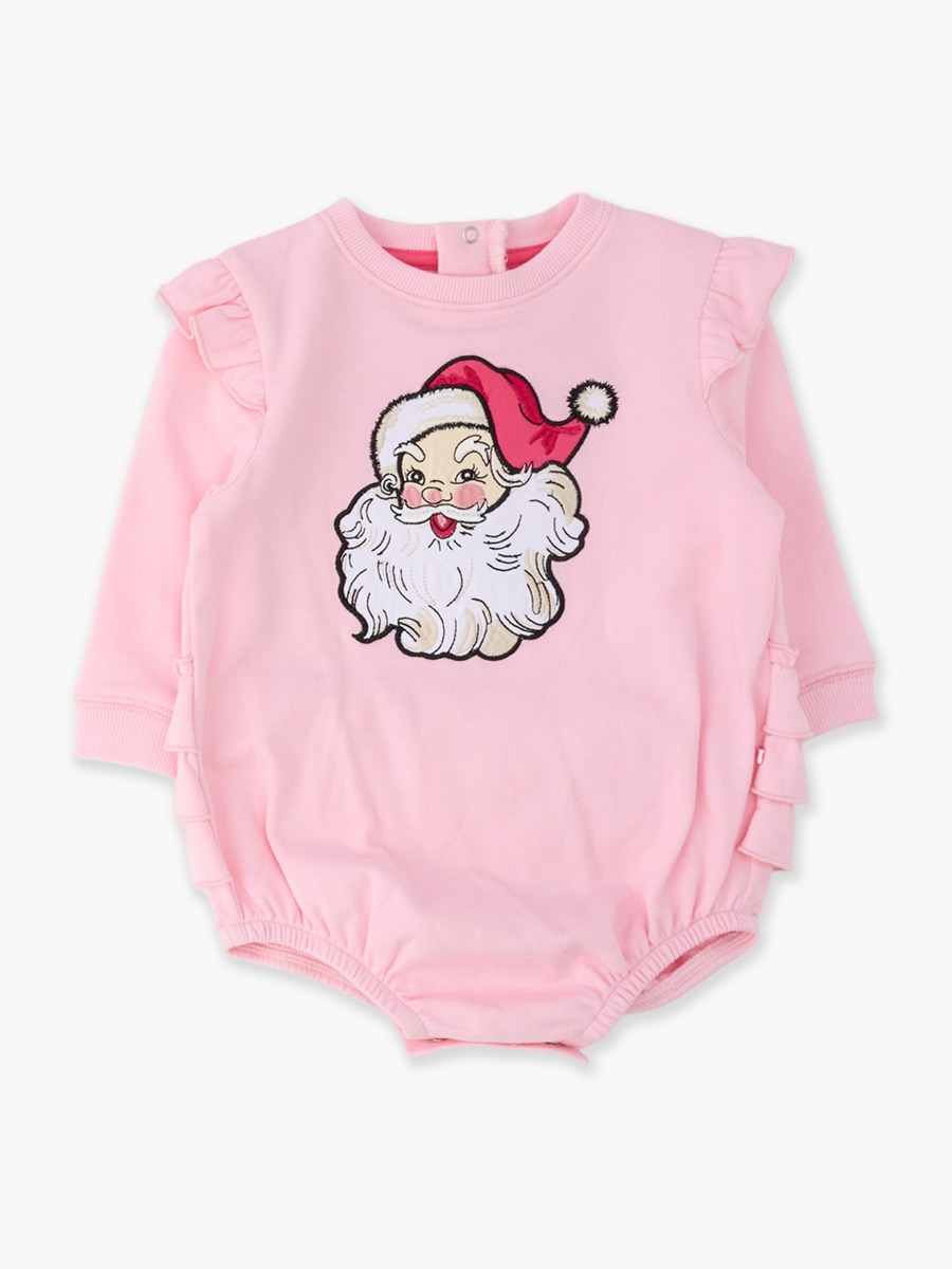 Line drawing of Santa Joy Pink Applique Sweatshirt Bubble Romper. A dotted circle indicates the approximate location for personalization.