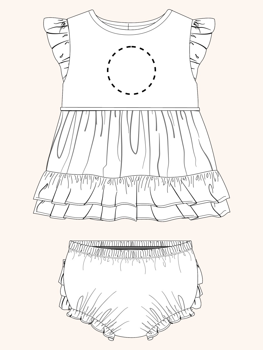 Line drawing of a swimsuit. A dotted circle is placed on the front center of the swimsuit's chest area, indicating the approximate location for personalization.