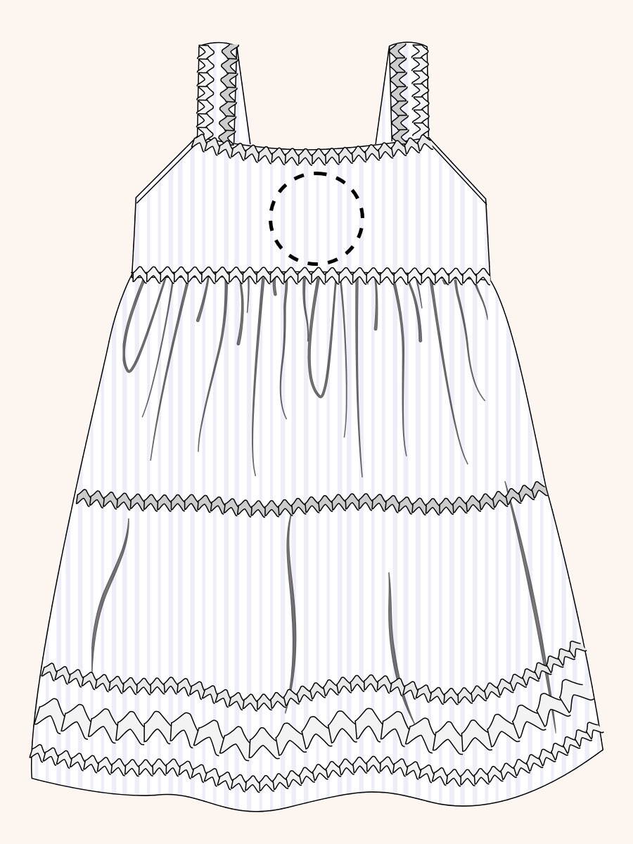 Line drawing of Rainbow White Signature Seersucker Tiered Ric Rac Swing Dress. A dotted circle indicates the approximate location for personalization.