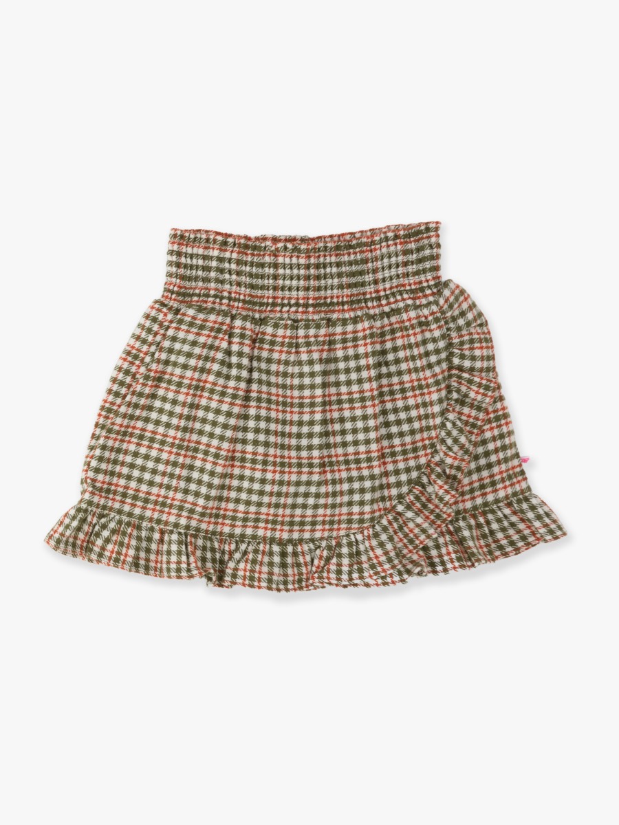 Line drawing of Classic Dusty Olive Houndstooth Smocked Ruffle Skort. A dotted circle indicates the approximate location for personalization.