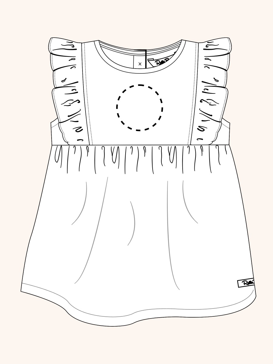 Line drawing of Light Wash Stretch Denim Sleeveless Ruffle Top. A dotted circle indicates the approximate location for personalization.