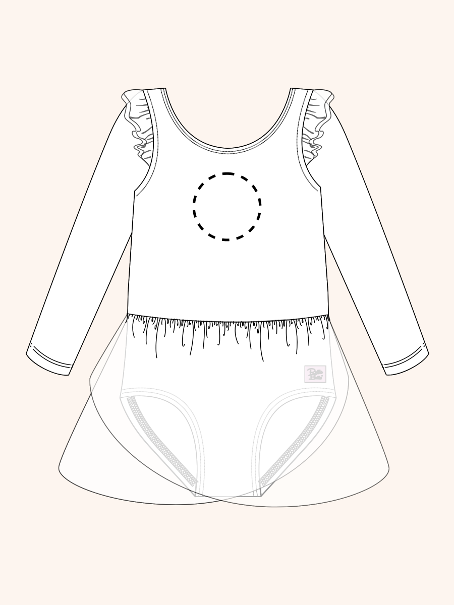 Line drawing of Black Flutter Long Sleeve Leotard. A dotted circle indicates the approximate location for personalization.