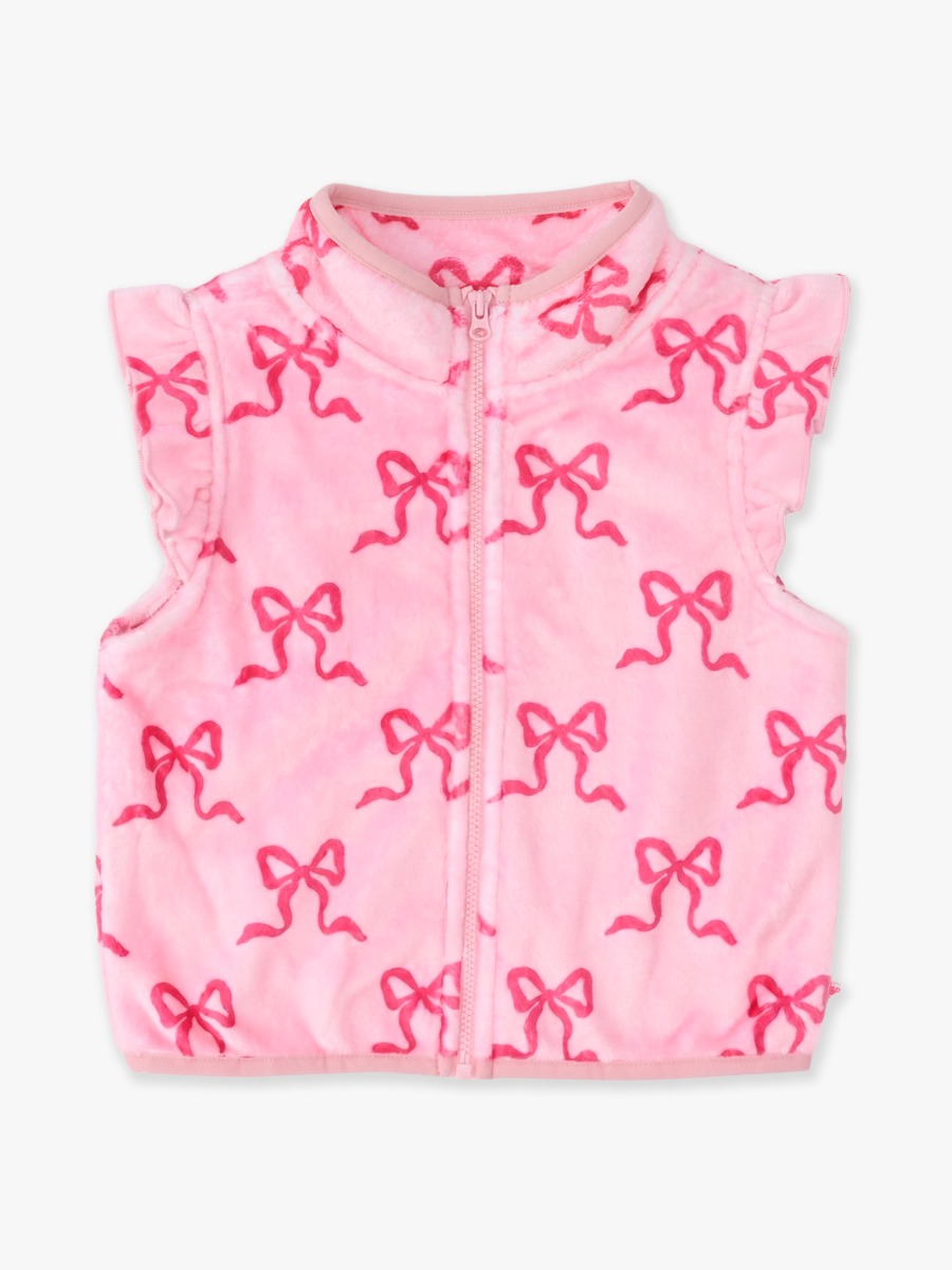 Line drawing of Hot Pink Bows Ruffle Marshmallow Fleece Vest. A dotted circle indicates the approximate location for personalization.