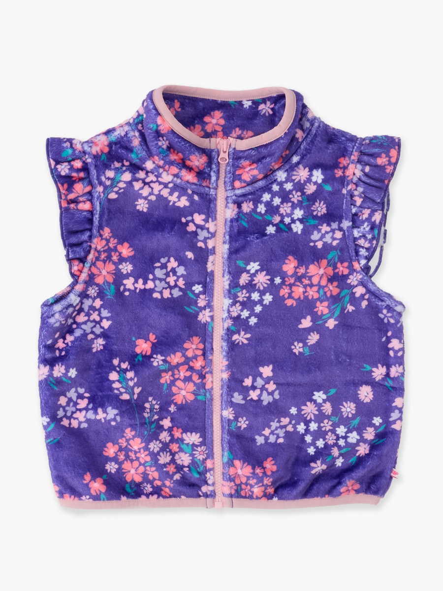 Line drawing of Purple Meadow Ruffle Marshmallow Fleece Vest. A dotted circle indicates the approximate location for personalization.