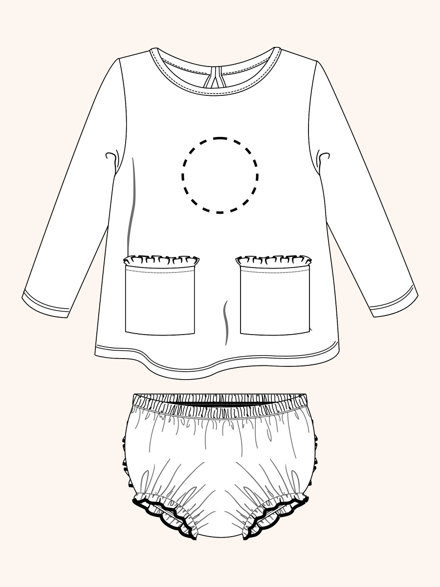 Line drawing of Nutcracker Wishes Knit Long Sleeve Applique Pocket Swing Set. A dotted circle indicates the approximate location for personalization.