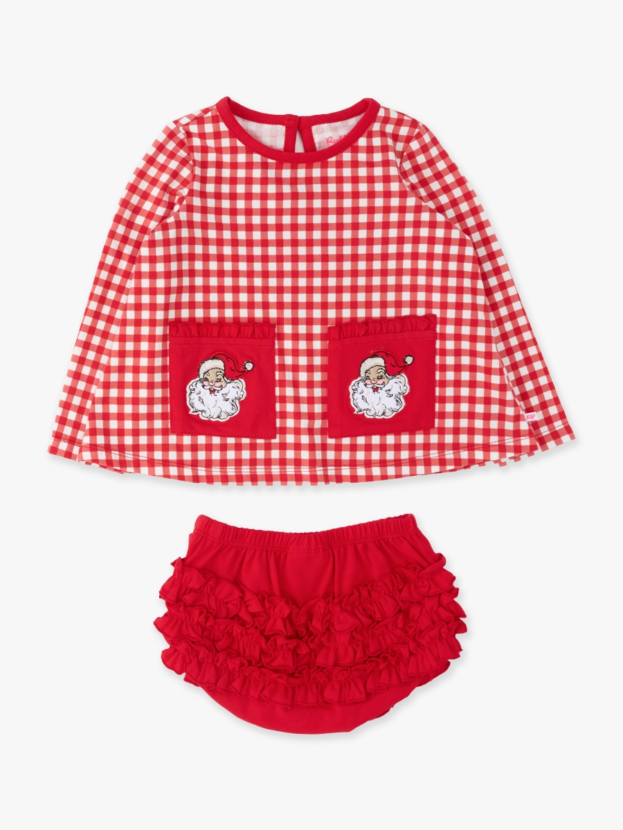 Line drawing of Red & White Gingham Knit Long Sleeve Applique Pocket Swing Set. A dotted circle indicates the approximate location for personalization.