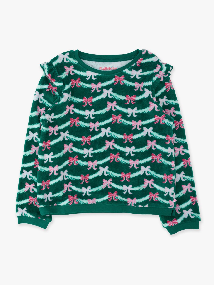 Line drawing of Emerald Tinsel Tidings Velour Flutter Sweatshirt. A dotted circle indicates the approximate location for personalization.