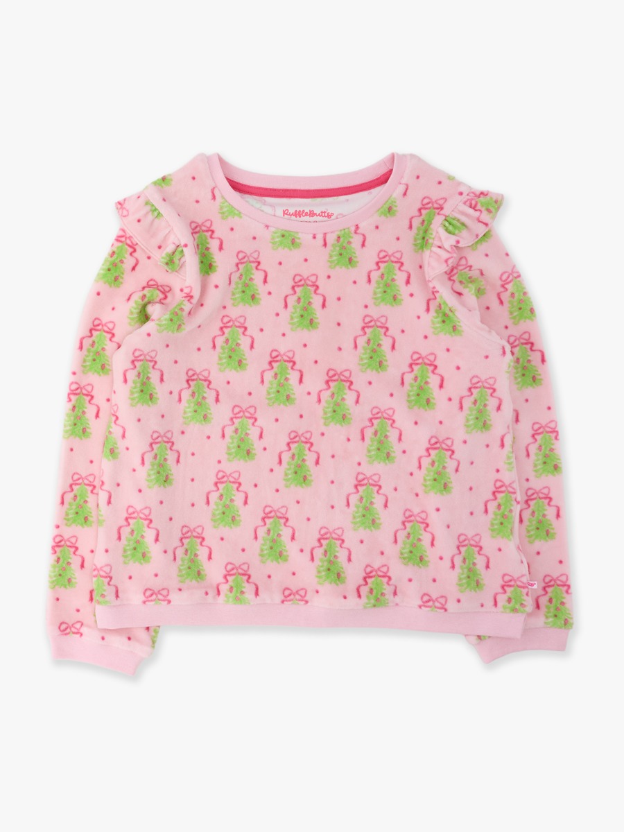 Line drawing of Pink Tree Party Velour Flutter Sweatshirt. A dotted circle indicates the approximate location for personalization.