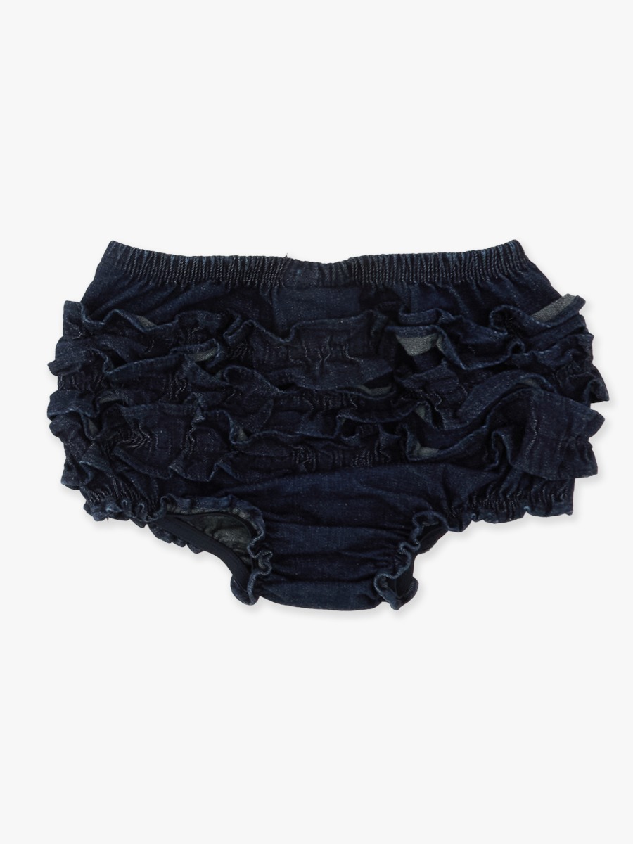 Line drawing of Dark Wash Stretch Denim RuffleButt Bloomer. A dotted circle indicates the approximate location for personalization.