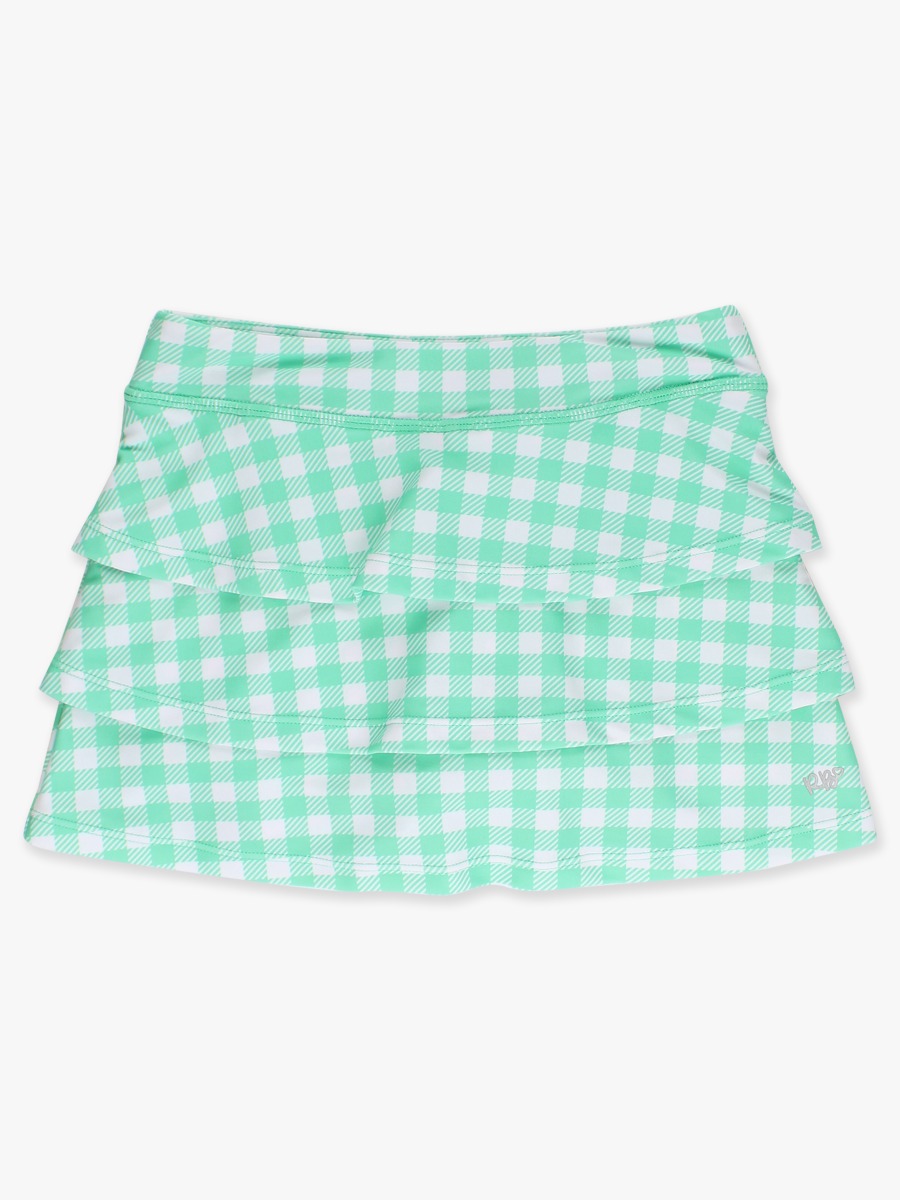 Line drawing of Spring Green Gingham Active Skort. A dotted circle indicates the approximate location for personalization.