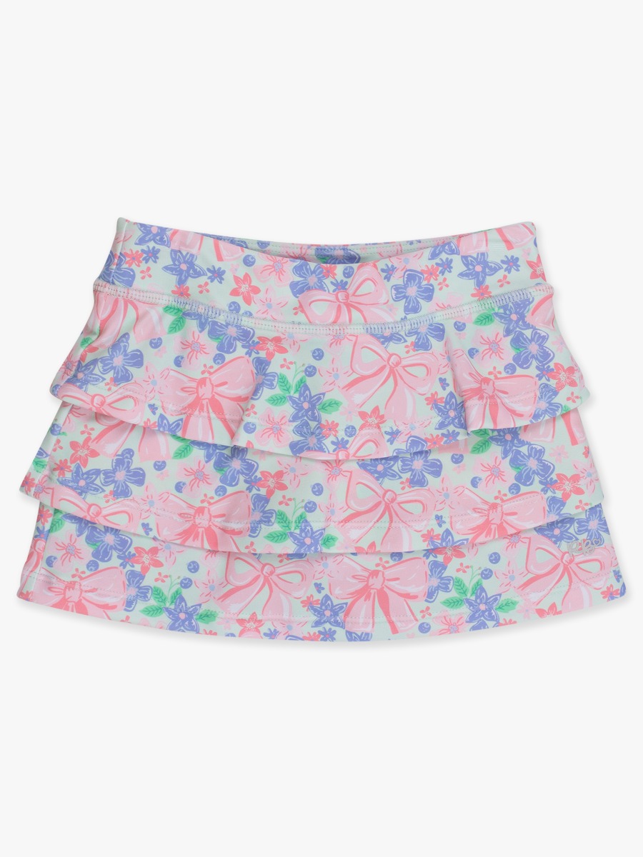 Line drawing of Bow Blooms Active Skort. A dotted circle indicates the approximate location for personalization.
