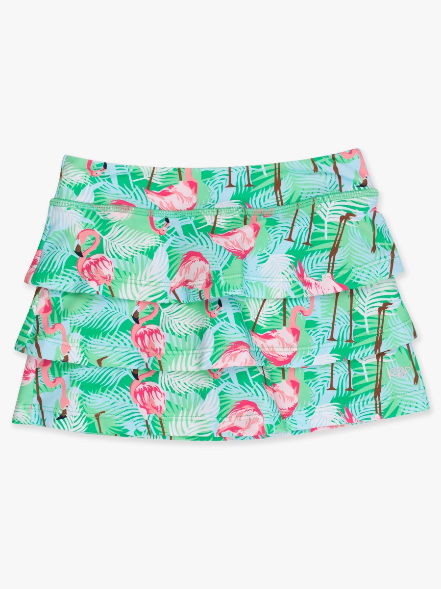 Line drawing of Green Vibrant Flamingo Active Skort. A dotted circle indicates the approximate location for personalization.