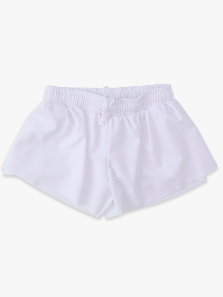 Line drawing of White Active Butterfly Shorts. A dotted circle indicates the approximate location for personalization.