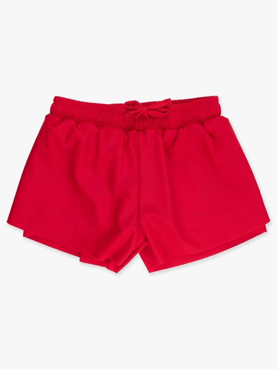 Line drawing of Red Active Butterfly Shorts. A dotted circle indicates the approximate location for personalization.