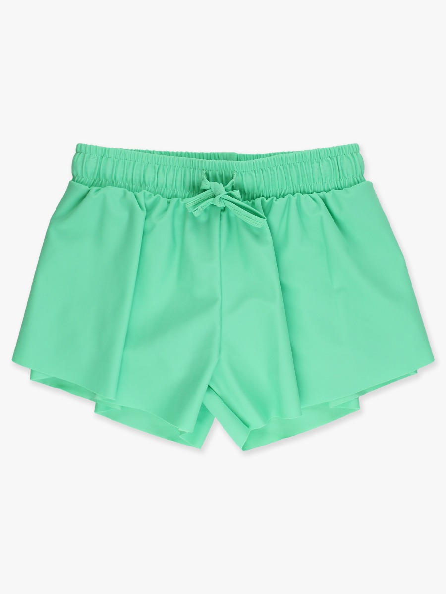 Line drawing of Spring Green Active Butterfly Shorts. A dotted circle indicates the approximate location for personalization.