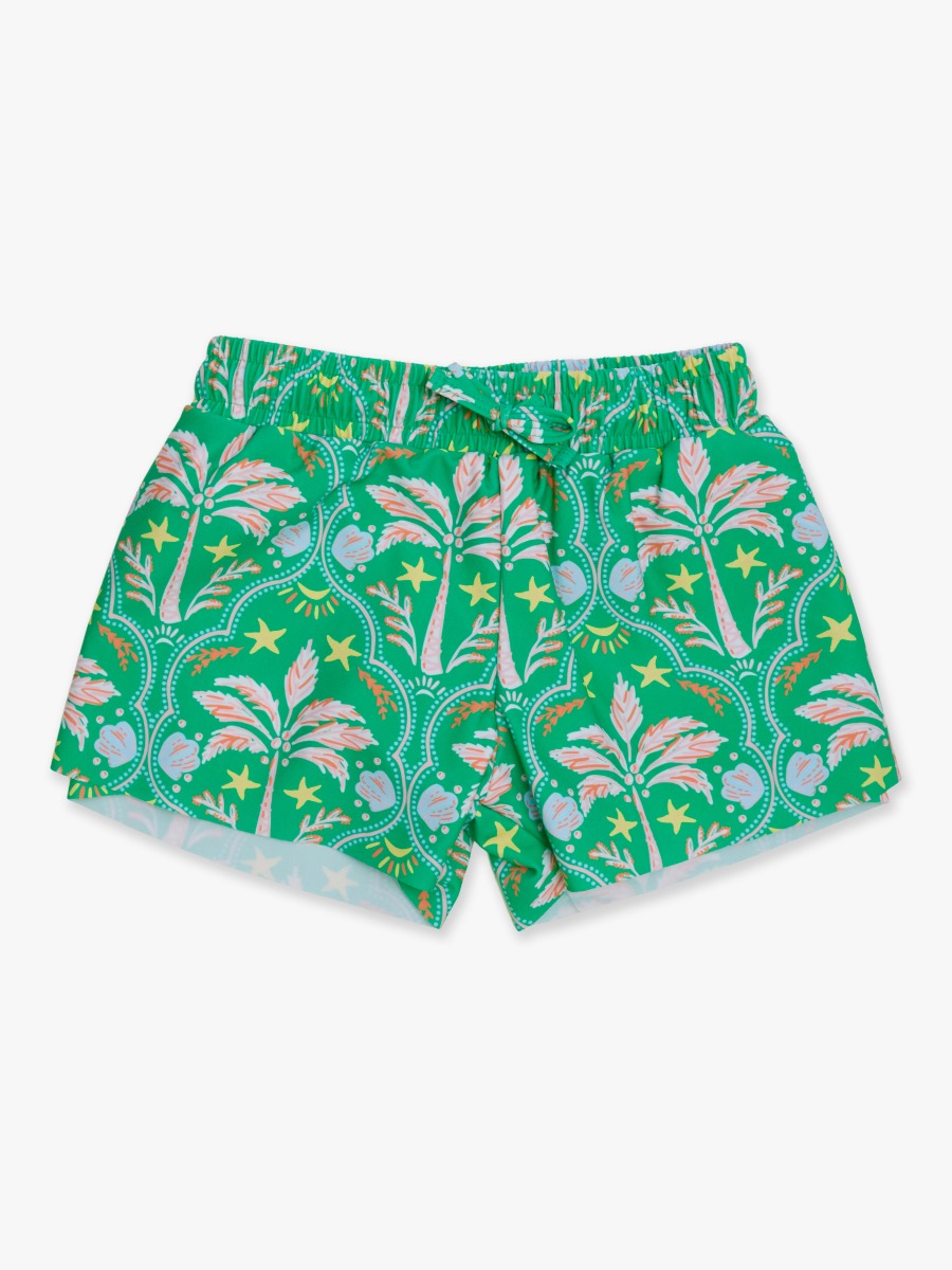 Line drawing of Coconut Cabana Active Butterfly Shorts. A dotted circle indicates the approximate location for personalization.